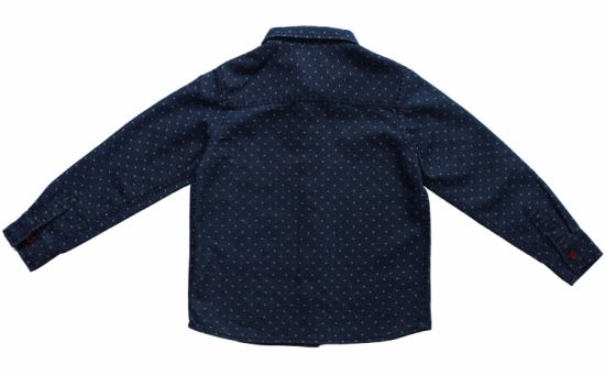Children′s Blue Cotton Casual Shirt with White Spots, Long Sleeves Shirts