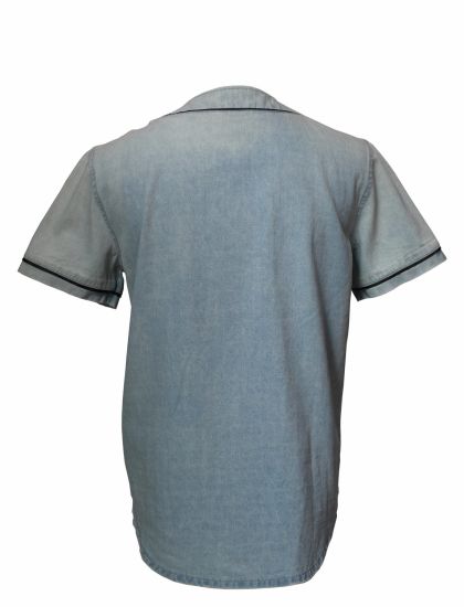Men′s Collarless Short Sleeves Light Blue Denim Shirt, Cotton Casual Shirt