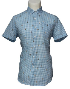 Men′s Light Blue Checked Shirts, Cartoon Pattern Plaid Grid Leisure Shirts