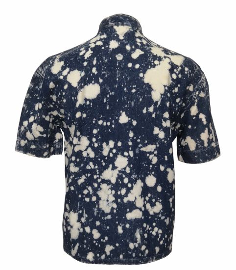 Collarless Short Sleeves Blue Denim with White Spots Shirt for Men