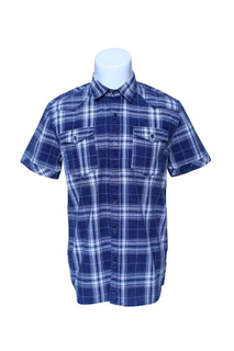 Mens Blue Checked Plaid Grid Short Sleeve Fashion Cotton Shirt