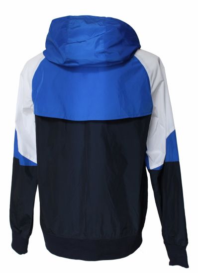 High-End Zip Fastening Coat, White Blue Black Patchwork Hooded Sport Coat
