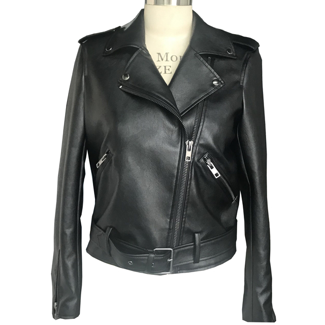 Womens Black PU Biker Faux Leather Jacket with Metal Zipper