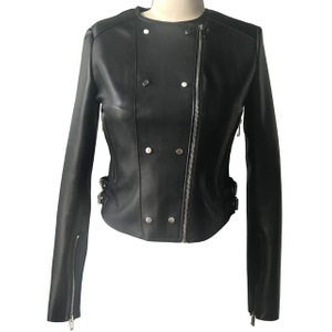 Fashion Zipper up Outdoor Jacket PU Faux Leather Jacket with Metal Buckle for Woman