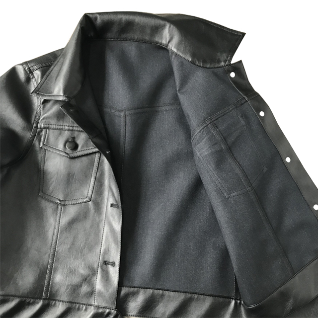 Polyester Black PU Coating Fur Biker Jacket Coat with Shank Buttons for ...